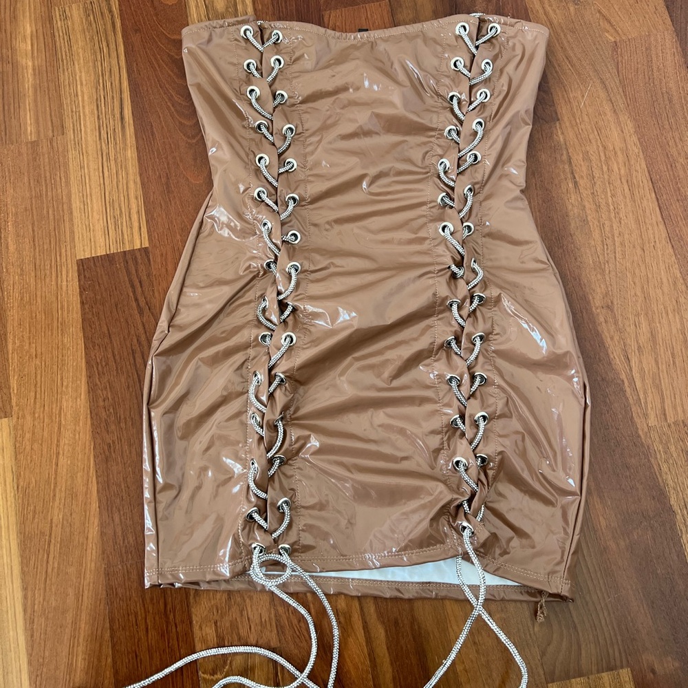Lace-Up Tan Vinyl Dress